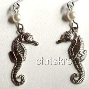 Silver Pearl Seahorse Earrings Sea Life Nautical